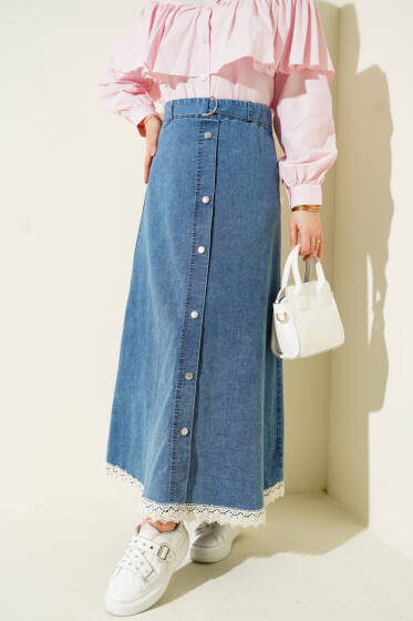 Etek Ucu Dantelli Kot Etek Kot - Etek