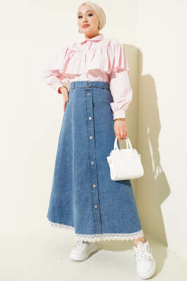 Etek Ucu Dantelli Kot Etek Kot - Etek