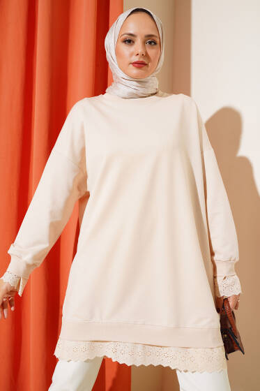 	 Etek Ucu Dantelli Tunik Bej - Tunik