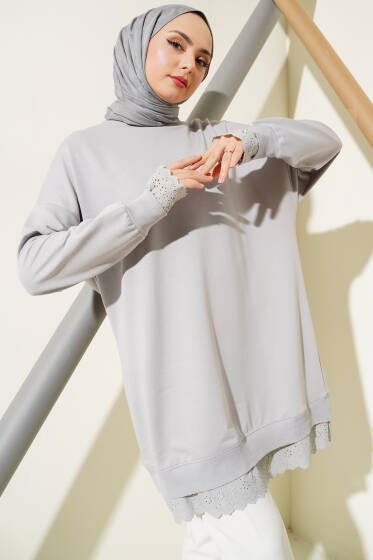 Etek Ucu Dantelli Tunik Gri - Tunik