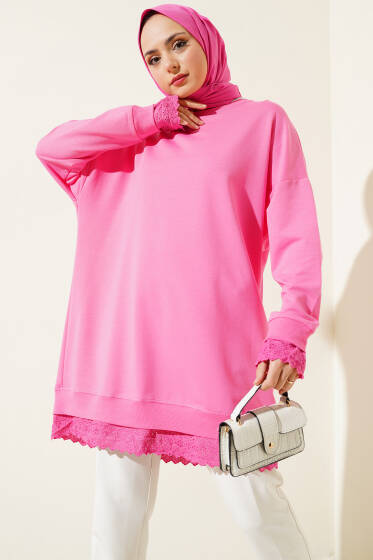 Etek Ucu Dantelli Tunik Pembe - Tunik
