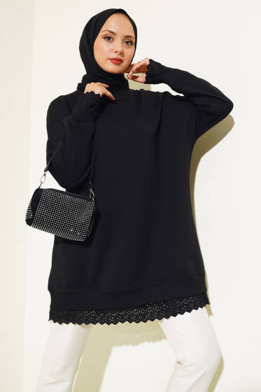 Etek Ucu Dantelli Tunik Siyah - Tunik
