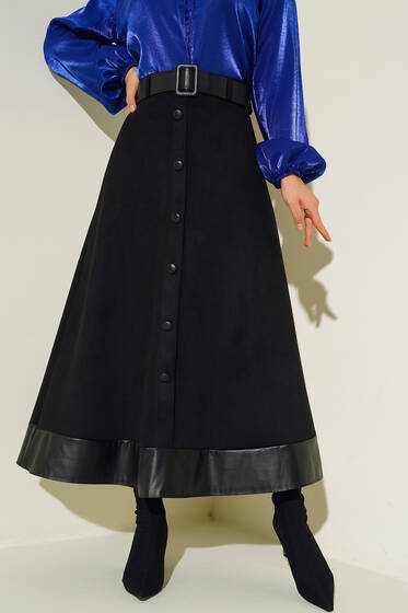 Etek Ucu Derili Süet Etek Siyah - Uzun Etek