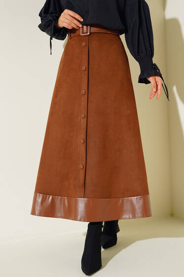 Etek Ucu Derili Süet Etek Taba - Uzun Etek