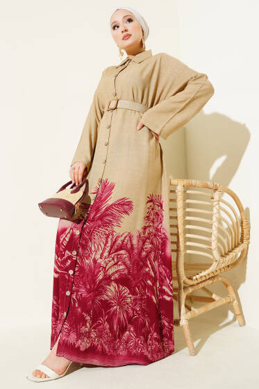 Etek Ucu Desenli Boydan Düğmeli Elbise Bordo - Elbise