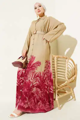 Etek Ucu Desenli Boydan Düğmeli Elbise Bordo 