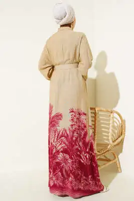 Etek Ucu Desenli Boydan Düğmeli Elbise Bordo - Tesettür Elbise