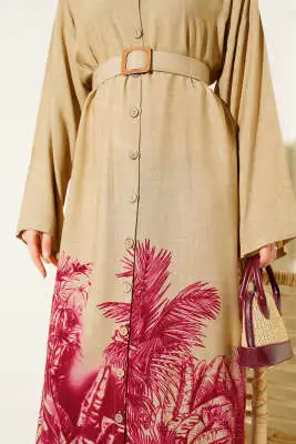 Etek Ucu Desenli Boydan Düğmeli Elbise Bordo - Tesettür Elbise