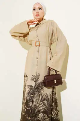 Etek Ucu Desenli Boydan Düğmeli Elbise Kahve - Tesettür Elbise