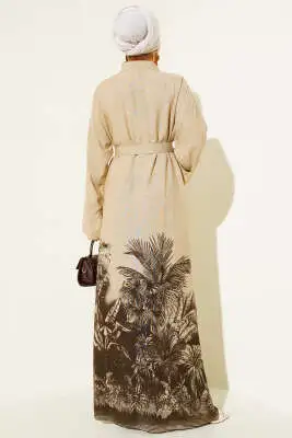 Etek Ucu Desenli Boydan Düğmeli Elbise Kahve - Tesettür Elbise