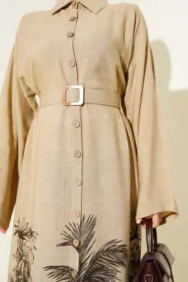 Etek Ucu Desenli Boydan Düğmeli Elbise Kahve - Tesettür Elbise