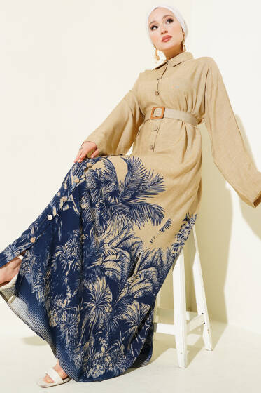 Etek Ucu Desenli Boydan Düğmeli Elbise Lacivert - Elbise