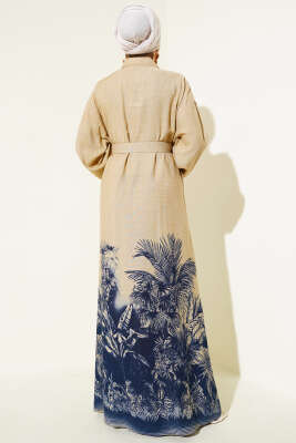 Etek Ucu Desenli Boydan Düğmeli Elbise Lacivert - Tesettür Elbise