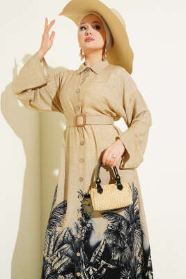 Etek Ucu Desenli Boydan Düğmeli Elbise Siyah - Tesettür Elbise