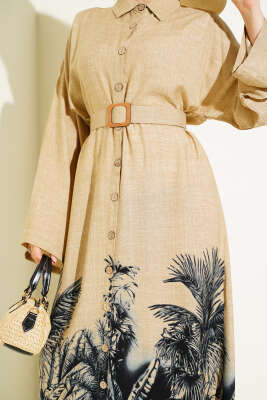 Etek Ucu Desenli Boydan Düğmeli Elbise Siyah - Tesettür Elbise