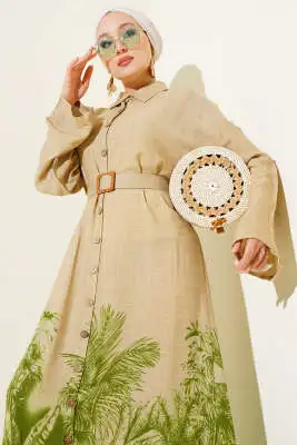 Etek Ucu Desenli Boydan Düğmeli Elbise Yeşil - Tesettür Elbise