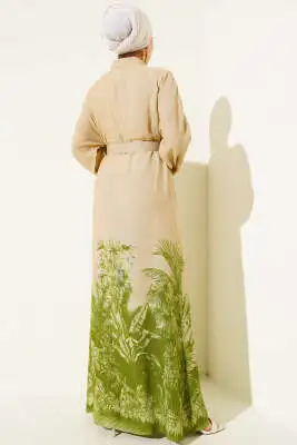 Etek Ucu Desenli Boydan Düğmeli Elbise Yeşil - Tesettür Elbise