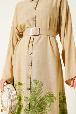 Etek Ucu Desenli Boydan Düğmeli Elbise Yeşil - Tesettür Elbise