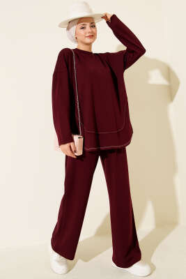 Etek Ucu Dikişli Loyşa İkili Takım Bordo - HATUN