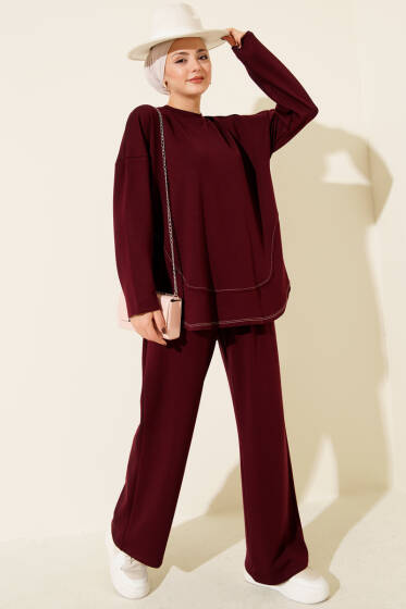 Etek Ucu Dikişli Loyşa İkili Takım Bordo - İkili Takım