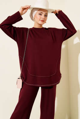 Etek Ucu Dikişli Loyşa İkili Takım Bordo - İkili Takım