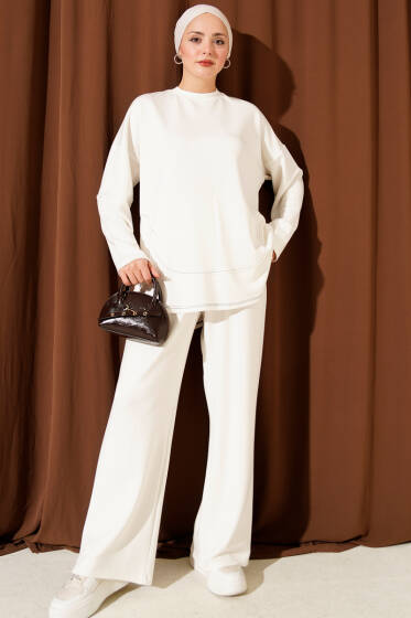 Etek Ucu Dikişli Loyşa İkili Takım Ekru - İkili Takım