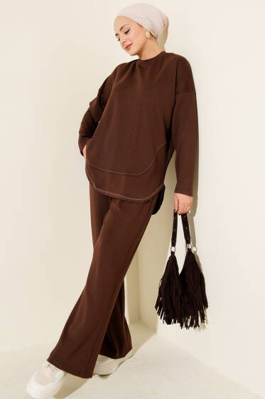 Etek Ucu Dikişli Loyşa İkili Takım Kahve - İkili Takım