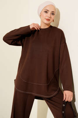 Etek Ucu Dikişli Loyşa İkili Takım Kahve - İkili Takım