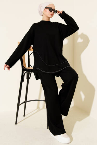 Etek Ucu Dikişli Loyşa İkili Takım Siyah - İkili Takım