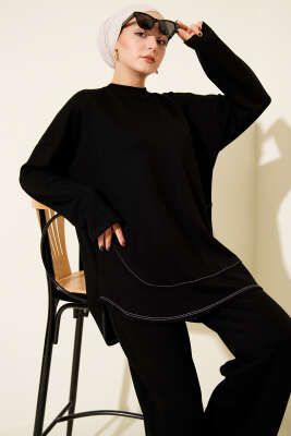 Etek Ucu Dikişli Loyşa İkili Takım Siyah - İkili Takım