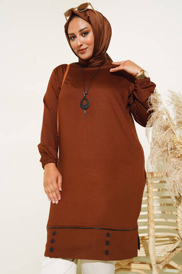 Etek Ucu Düğme Süslemeli Yırtmaçlı Büyük Beden Tunik Kahve - Tunik