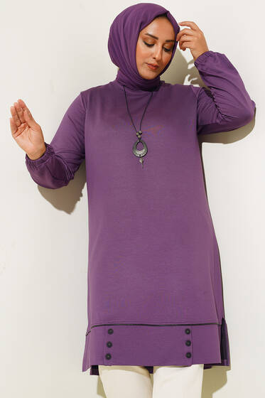 Etek Ucu Düğme Süslemeli Yırtmaçlı Büyük Beden Tunik Mor - Tunik