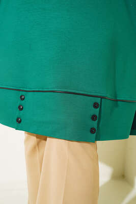 Etek Ucu Düğme Süslemeli Yırtmaçlı Büyük Beden Tunik Yeşil - Thumbnail