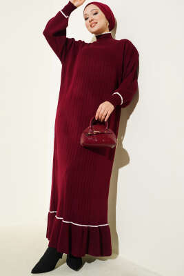 Etek Ucu Fırfır Detaylı Triko Elbise Bordo - NESSİA