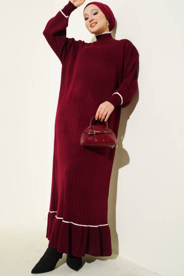 Etek Ucu Fırfır Detaylı Triko Elbise Bordo - Elbise
