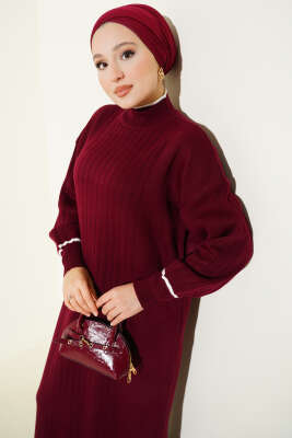 Etek Ucu Fırfır Detaylı Triko Elbise Bordo - Elbise