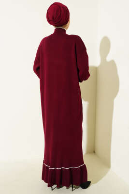 Etek Ucu Fırfır Detaylı Triko Elbise Bordo - Elbise