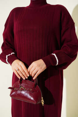 Etek Ucu Fırfır Detaylı Triko Elbise Bordo - Elbise