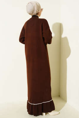 Etek Ucu Fırfır Detaylı Triko Elbise Kahve - Elbise