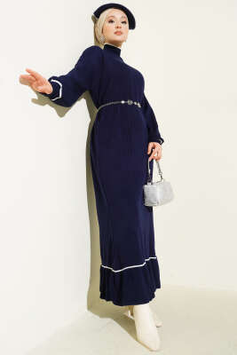 Etek Ucu Fırfır Detaylı Triko Elbise Lacivert - NESSİA