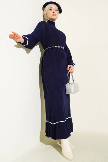 Etek Ucu Fırfır Detaylı Triko Elbise Lacivert - Elbise