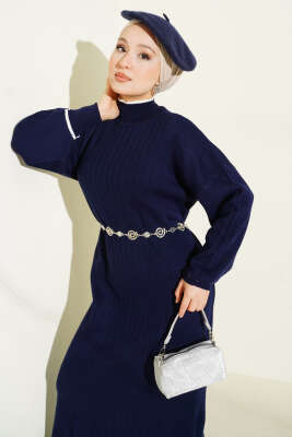 Etek Ucu Fırfır Detaylı Triko Elbise Lacivert - Elbise