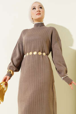 Etek Ucu Fırfır Detaylı Triko Elbise Vizon - Elbise