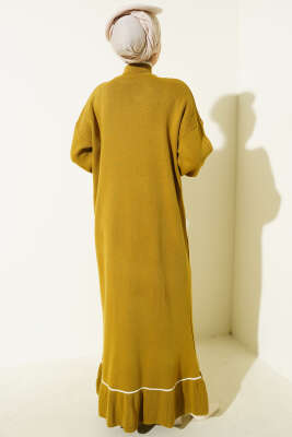 Etek Ucu Fırfır Detaylı Triko Elbise Yağ Yeşili - Elbise