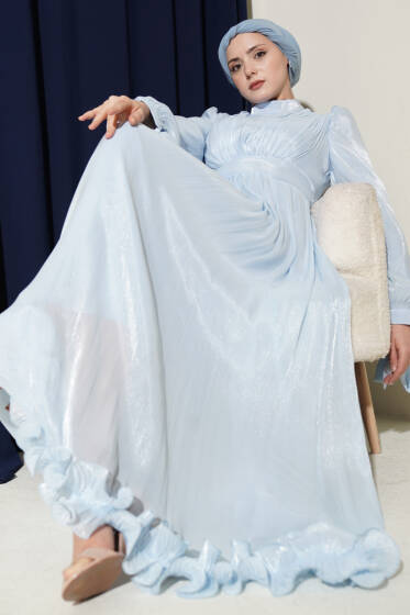 Etek Ucu Fırfırlı Büzgülü Abiye Elbise Bebe Mavi - Elbise