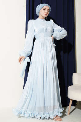 Etek Ucu Fırfırlı Büzgülü Abiye Elbise Bebe Mavi - Elbise