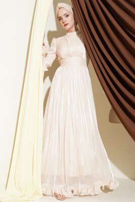 Etek Ucu Fırfırlı Büzgülü Abiye Elbise Bej - BERAT TEKSTİL