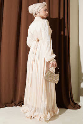 Etek Ucu Fırfırlı Büzgülü Abiye Elbise Bej - Elbise