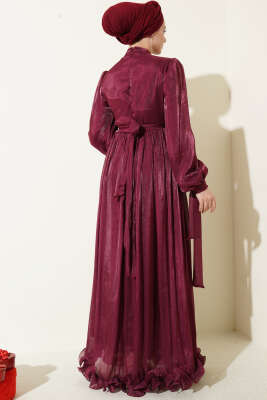 Etek Ucu Fırfırlı Büzgülü Abiye Elbise Bordo - Elbise