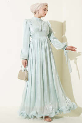 Etek Ucu Fırfırlı Büzgülü Abiye Elbise Çağla Yeşili - BERAT TEKSTİL